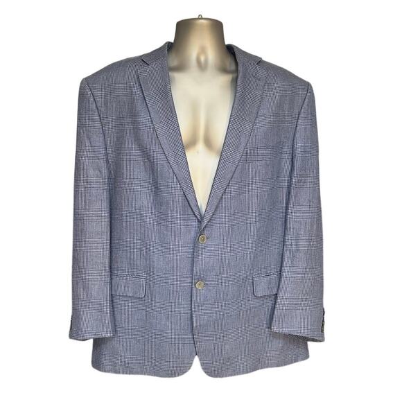 Lauren Ralph Lauren Blue Houndstooth Single Breasted Linen Blazer Size 46R - Picture 1 of 9